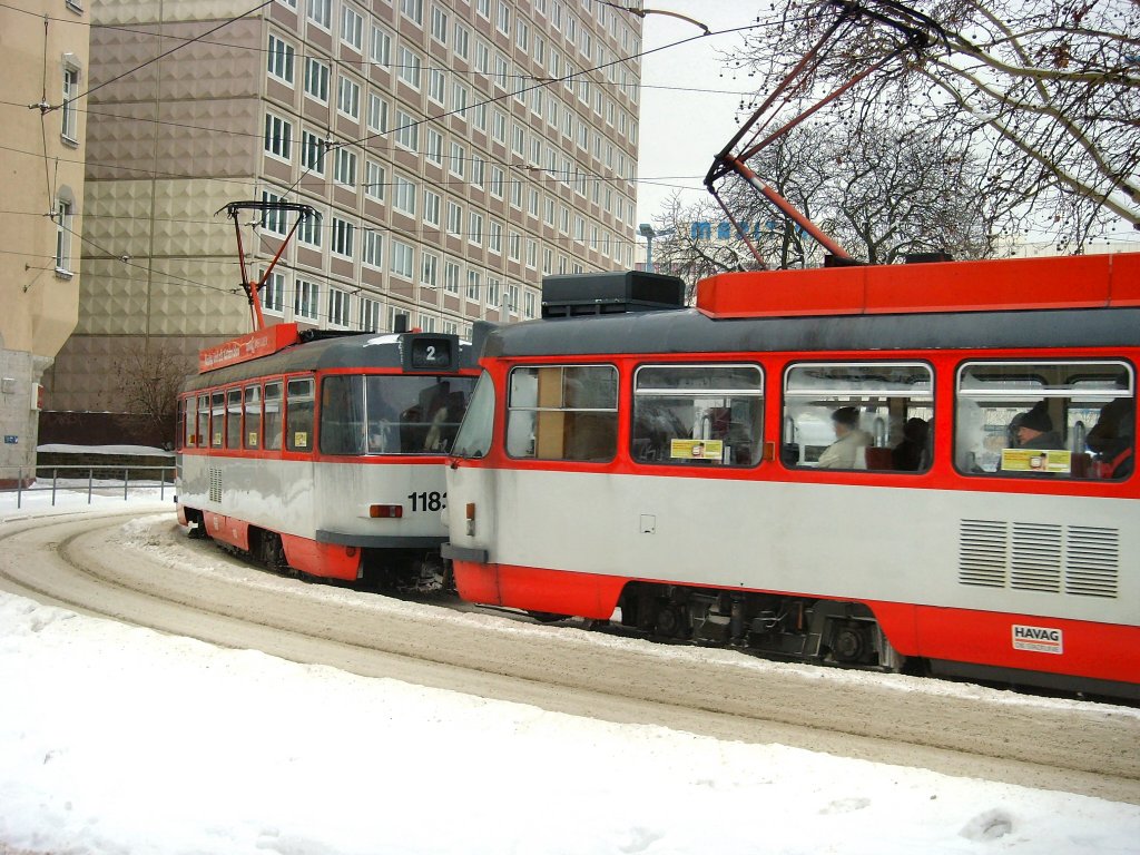 Tatra T3-Zug in Halle im Winterbetrieb, Halle 11.1.2010